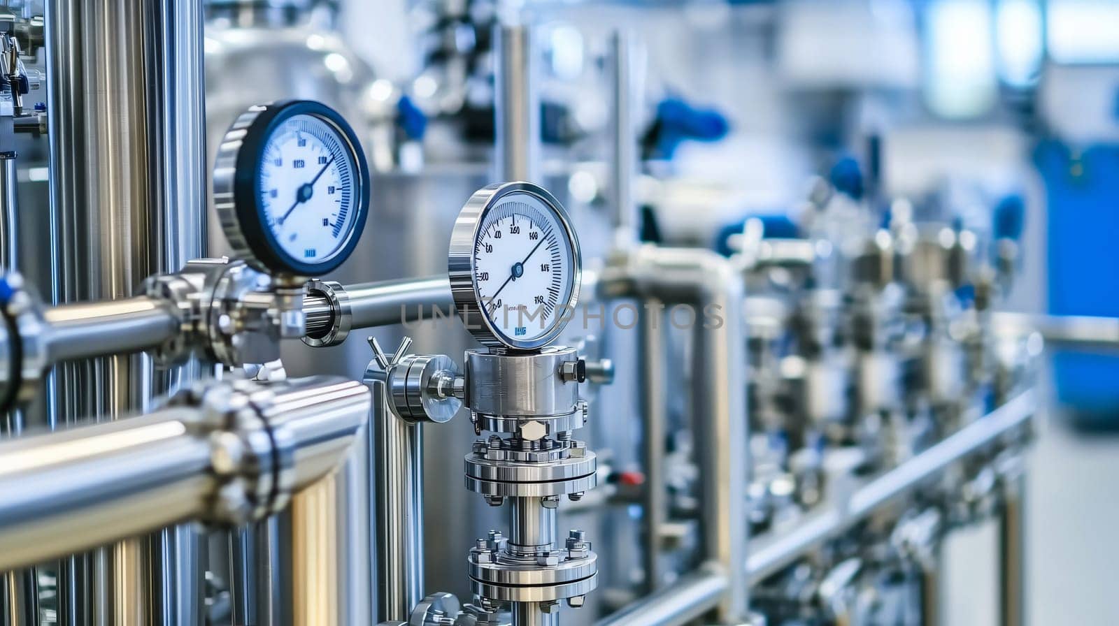 Shiny steel pipes, pressure gauges, and valves are featured in an industrial setting