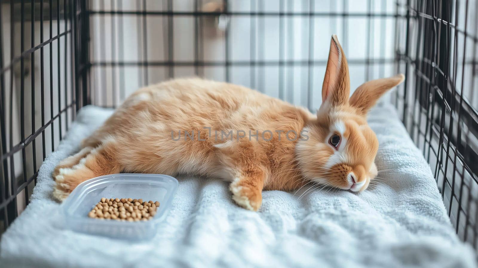 Red domestic rabbit is lying down on a white blanket in its cage, with a bowl of food in the foreground