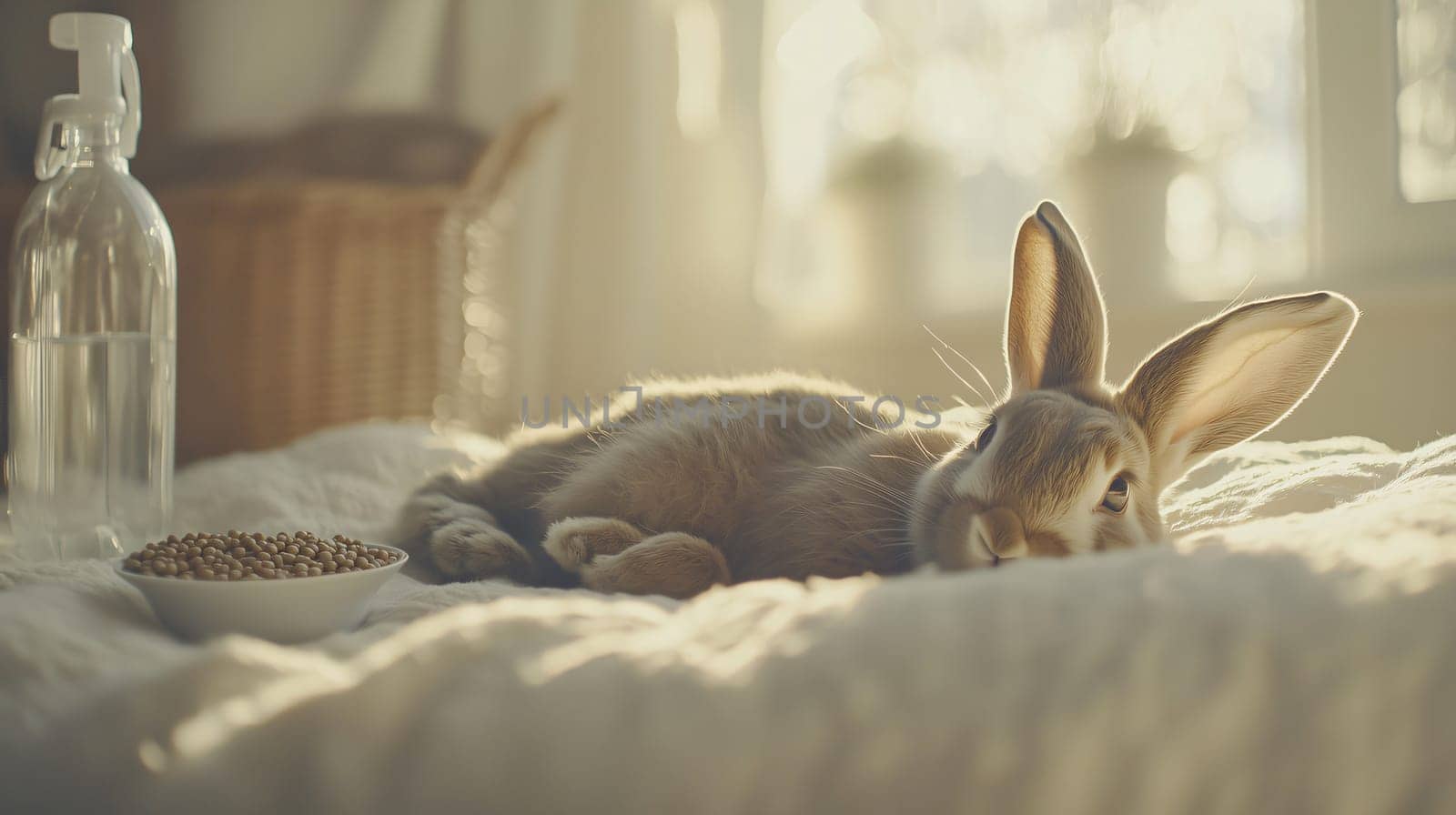 Cute bunny rabbit is relaxing on a bed with food and water nearby