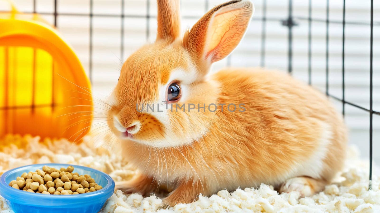 Fluffy red baby bunny is lying down in its cage near its food bowl