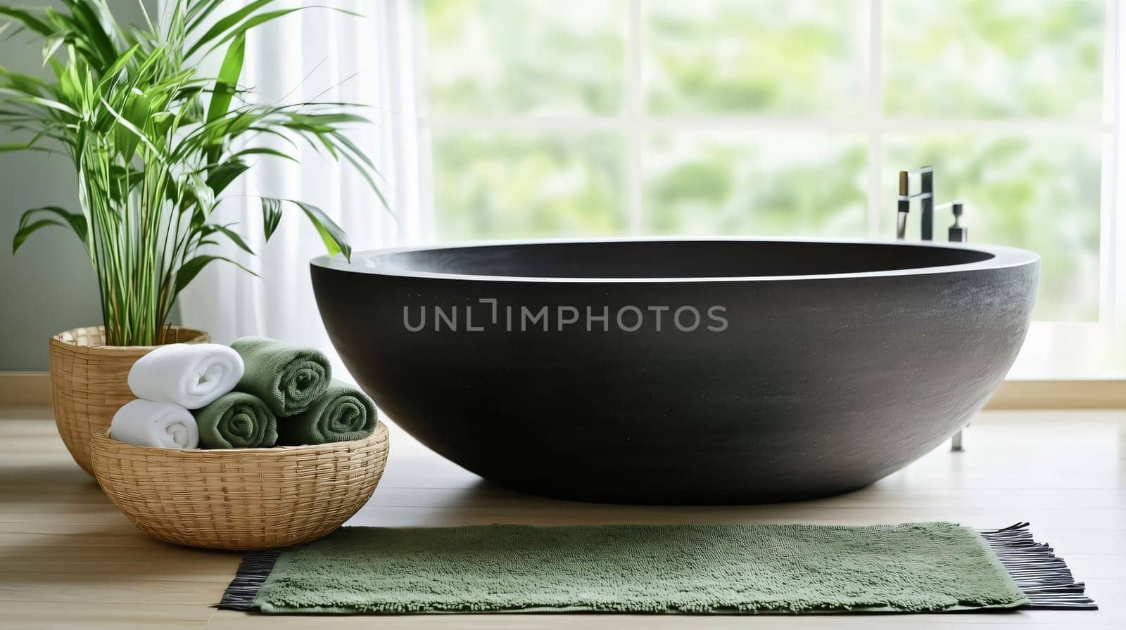 Towels rolled up in wicker baskets are sitting next to a large black bathtub with a green bath mat