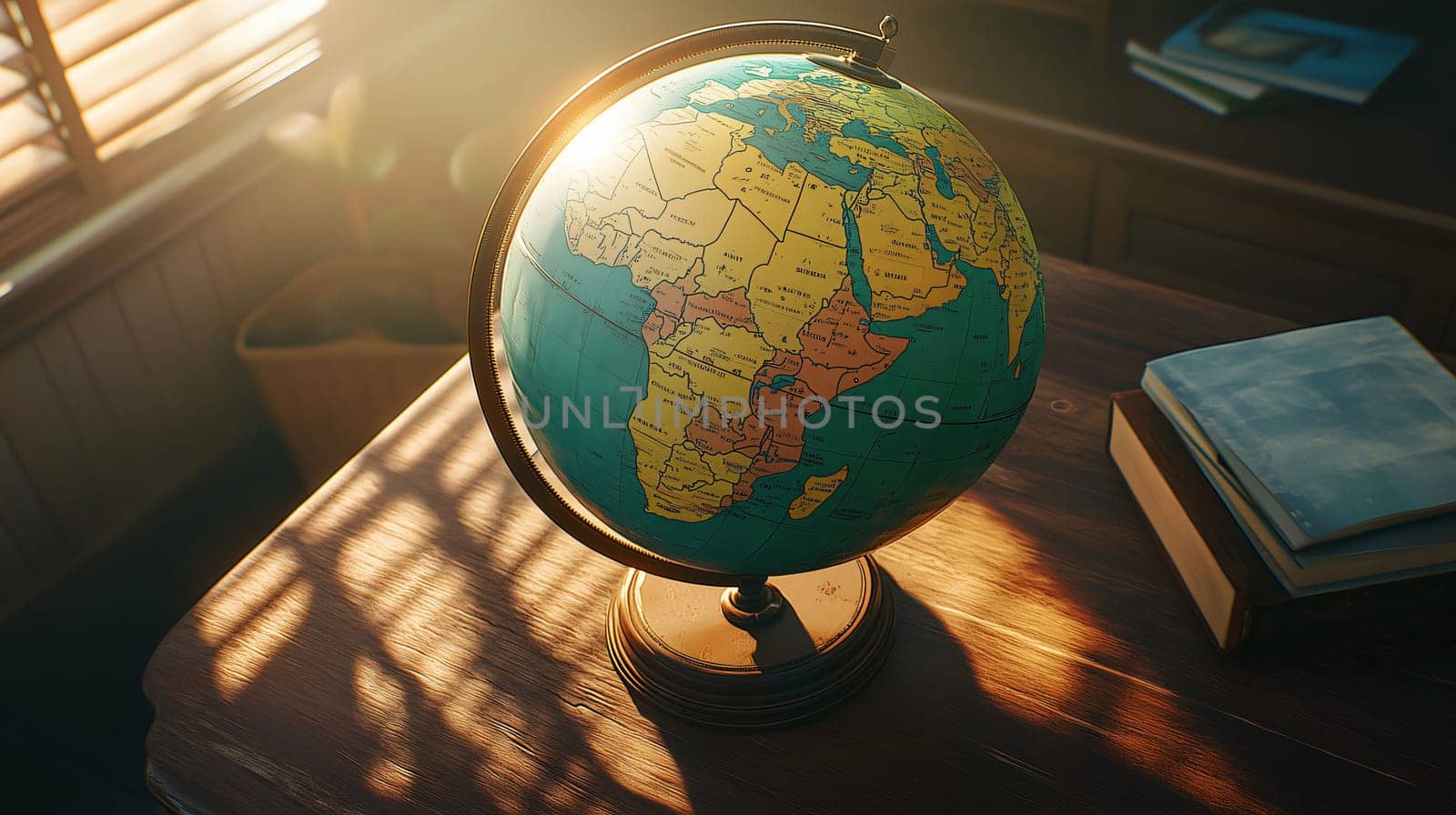 Vintage globe is sitting on a desk in a sunlit room, with books on the side