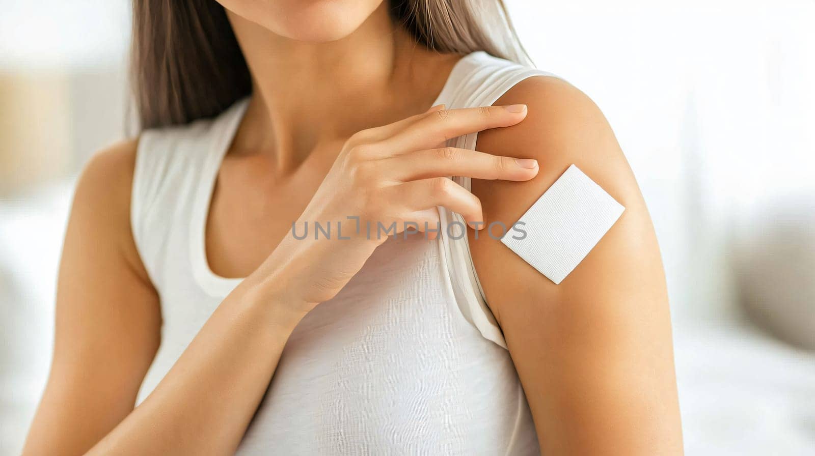 Young woman is applying a nicotine patch on her arm to quit smoking