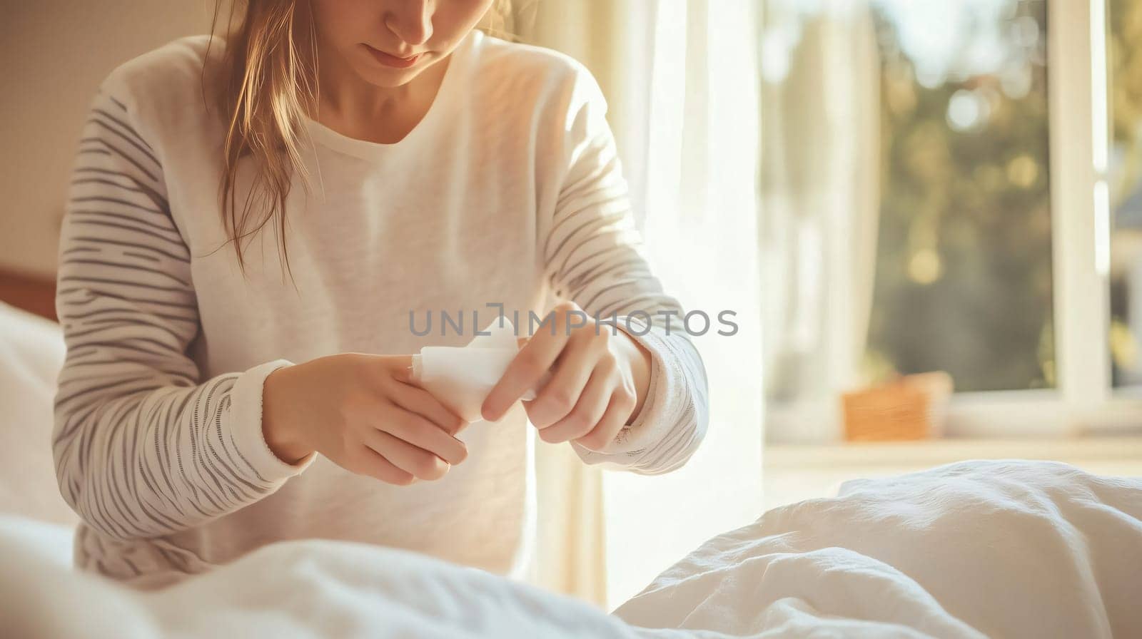 Teenage girl sitting on bed by a window opening a menstrual pad package, hormonal devices