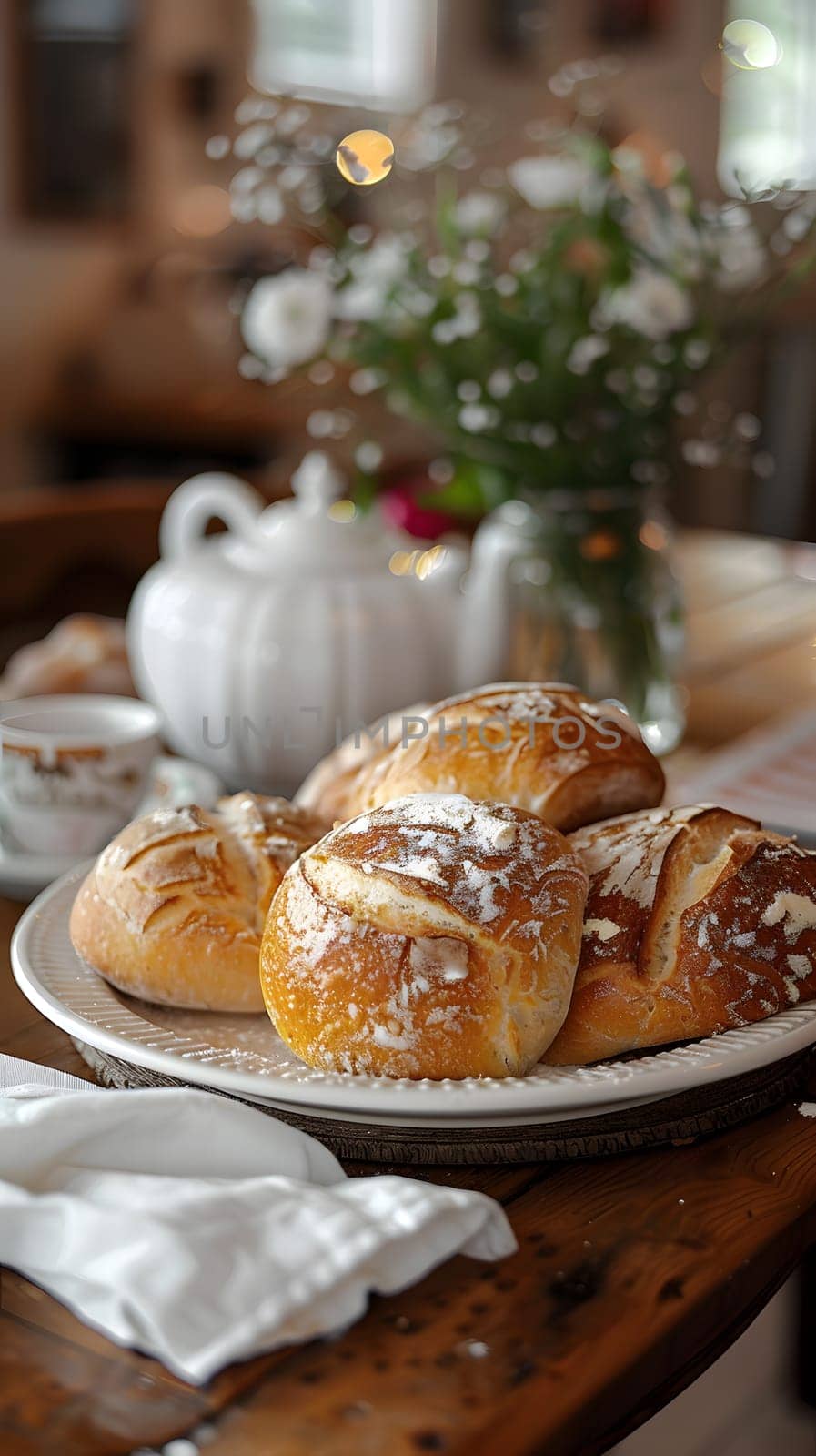 A display of baked goods on a table with a beautiful vase of flowers in the background, showcasing a delightful spread of pastries and fresh produce
