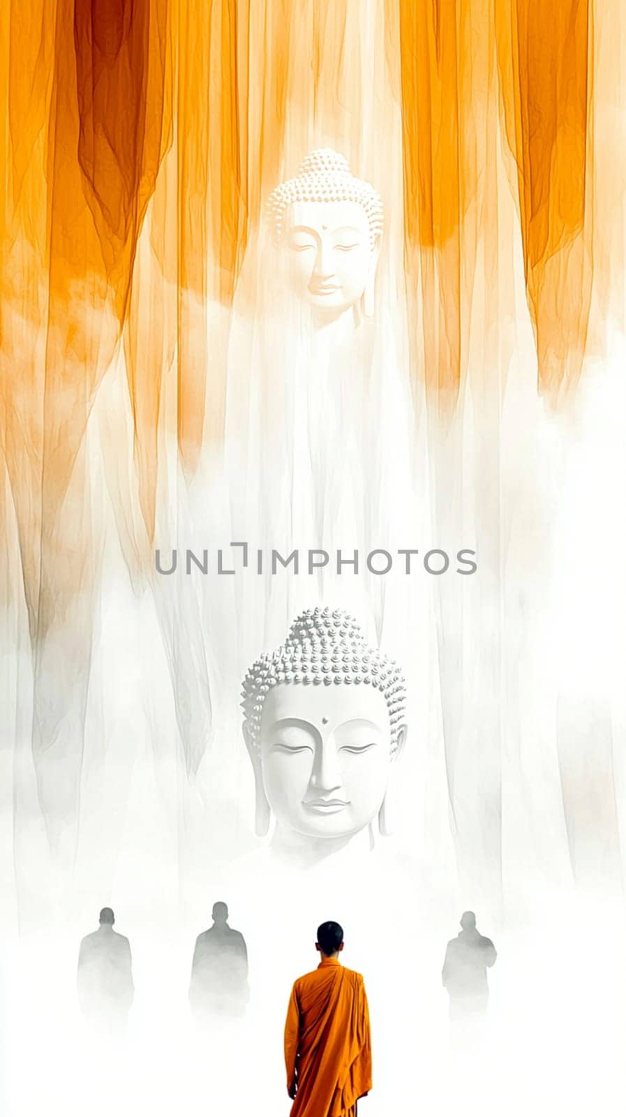Buddhist monk wearing an orange kasaya walking on a stone surface towards a giant buddha head