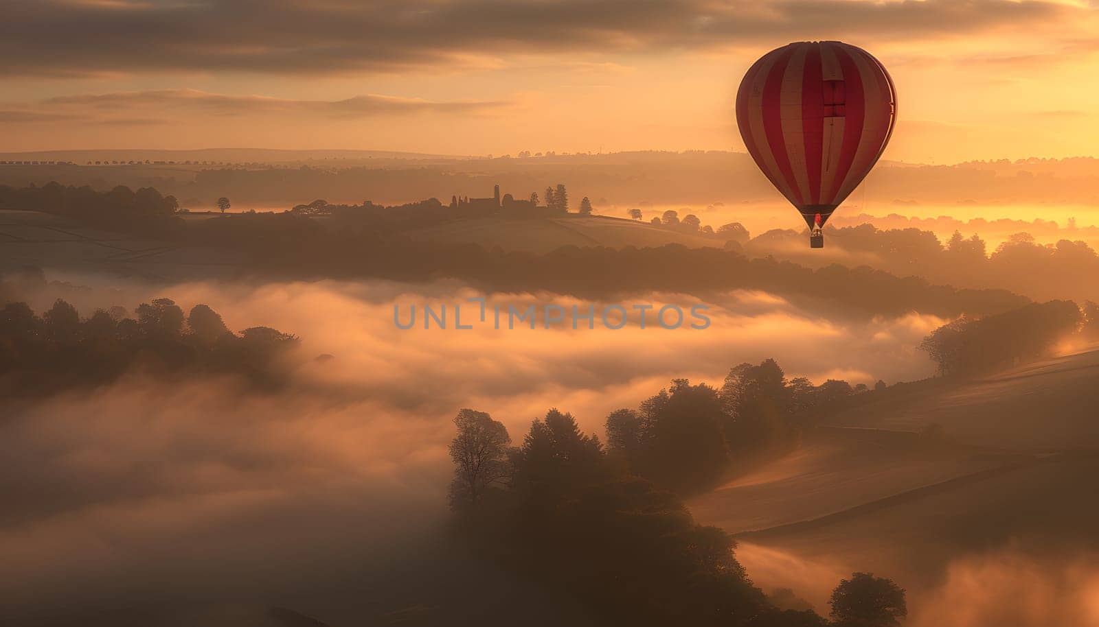 A hot air balloon is floating above a fogcovered valley as the sun sets, creating a beautiful contrast between the colorful sky and the tranquil natural landscape