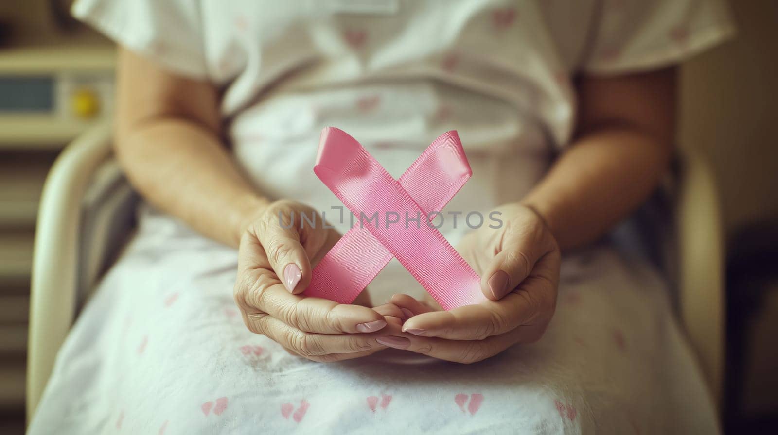Senior woman holding pink ribbon showing support for breast cancer awareness month