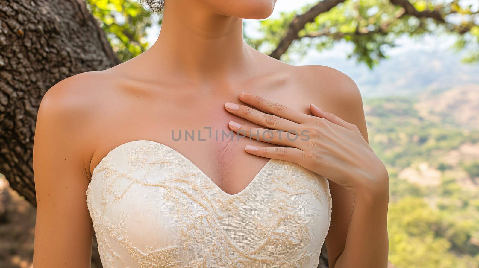 Bride is holding her chest showing signs of breast cancer