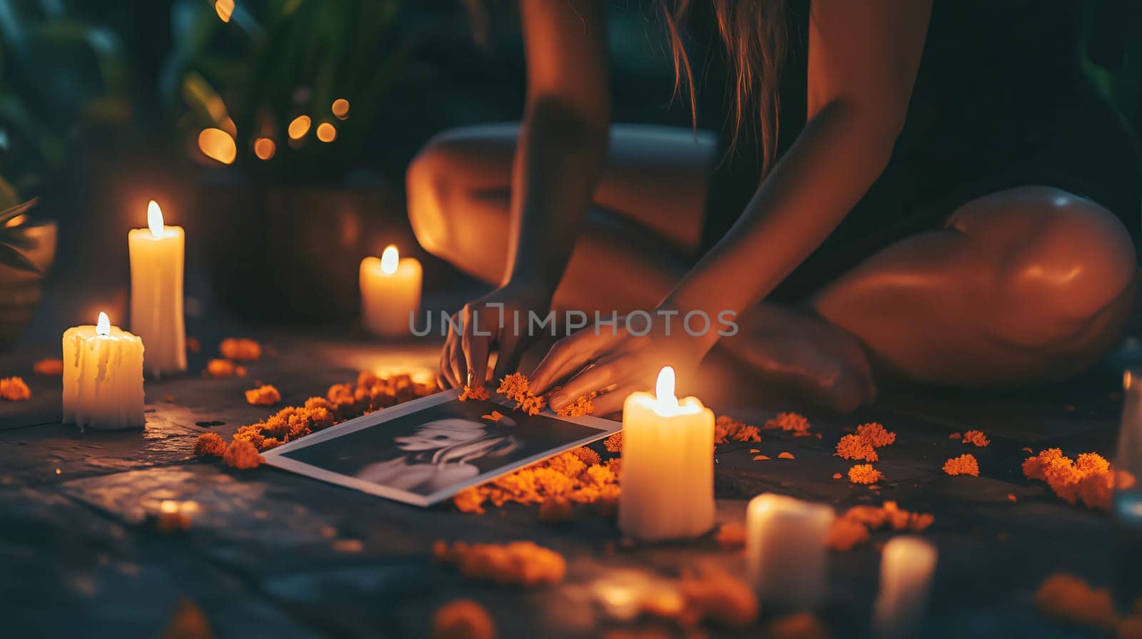 Woman arranging cempasuchil flowers on top of a photo as part of a day of the dead offering with candles