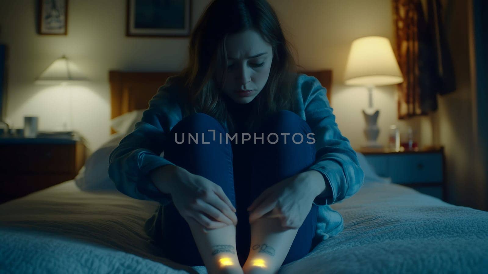 Young woman is sitting on a bed at night, feeling sad and depressed, staring at glowing tattoos on her ankles