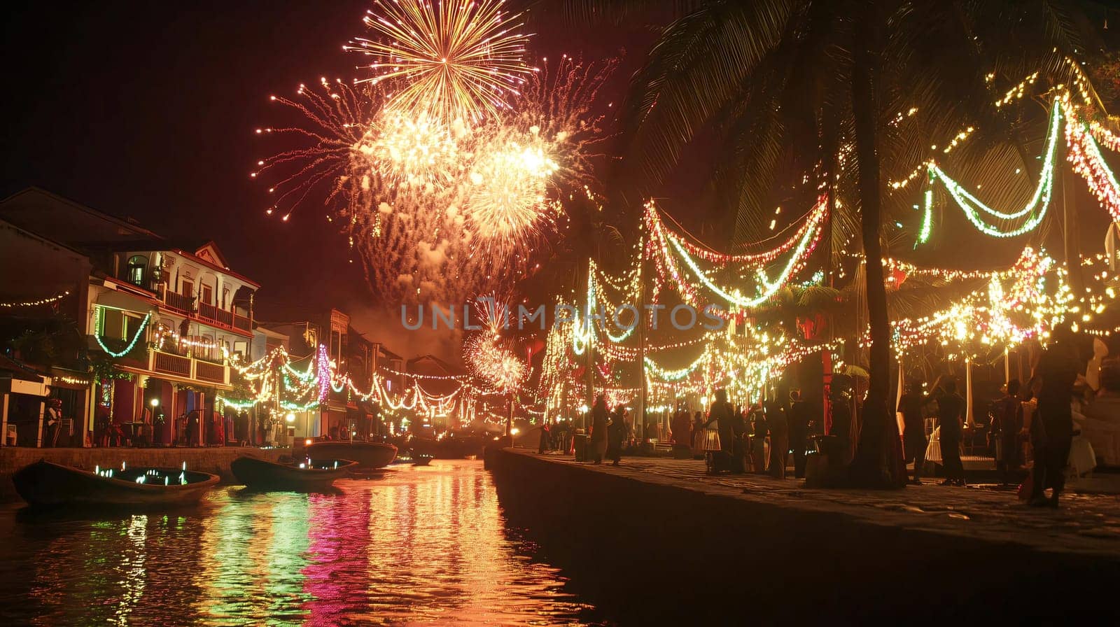 Crowd is gathering along a decorated canal to watch fireworks exploding over a tropical city at night