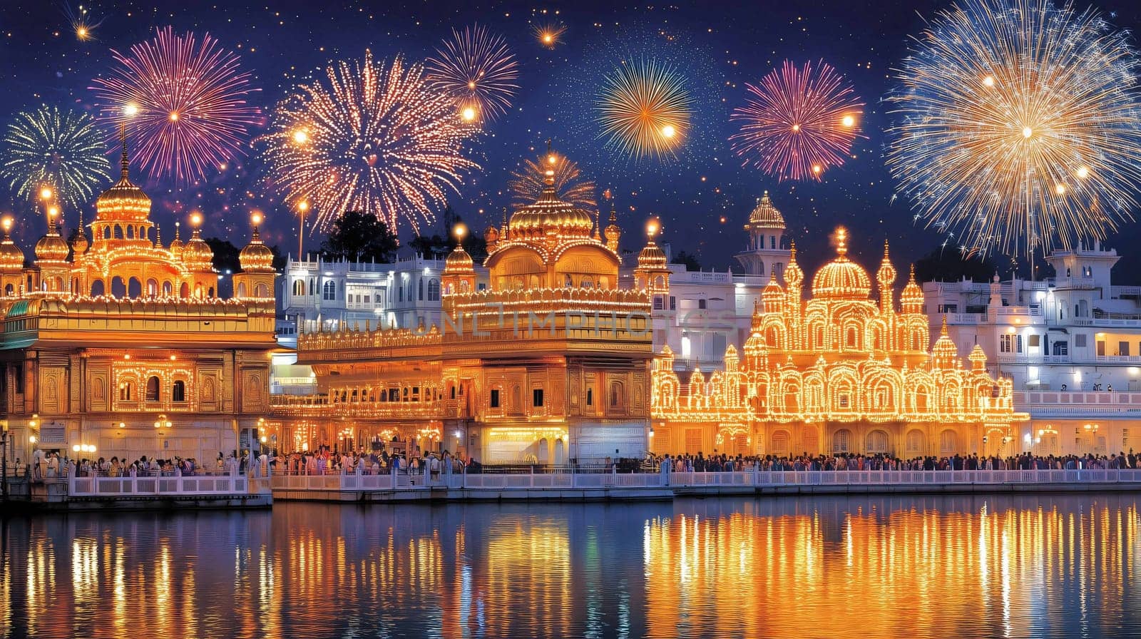 Golden temple amritsar india illuminating during diwali festival with fireworks exploding over the complex at night