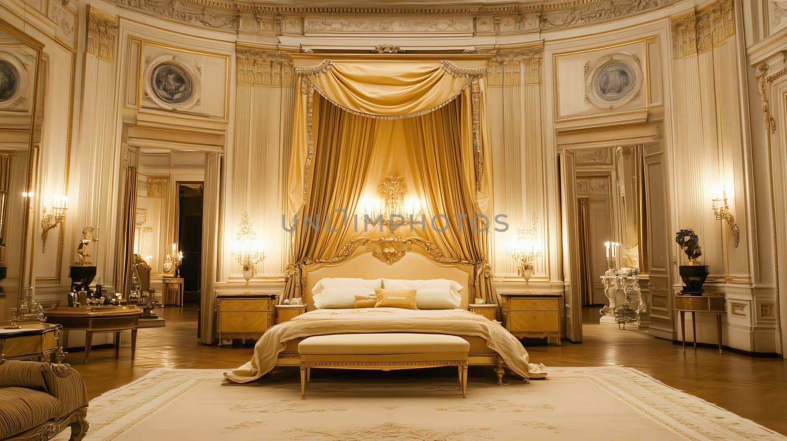 Luxurious king size bed with white sheets is the focus of this opulent gold bedroom, neoclassical