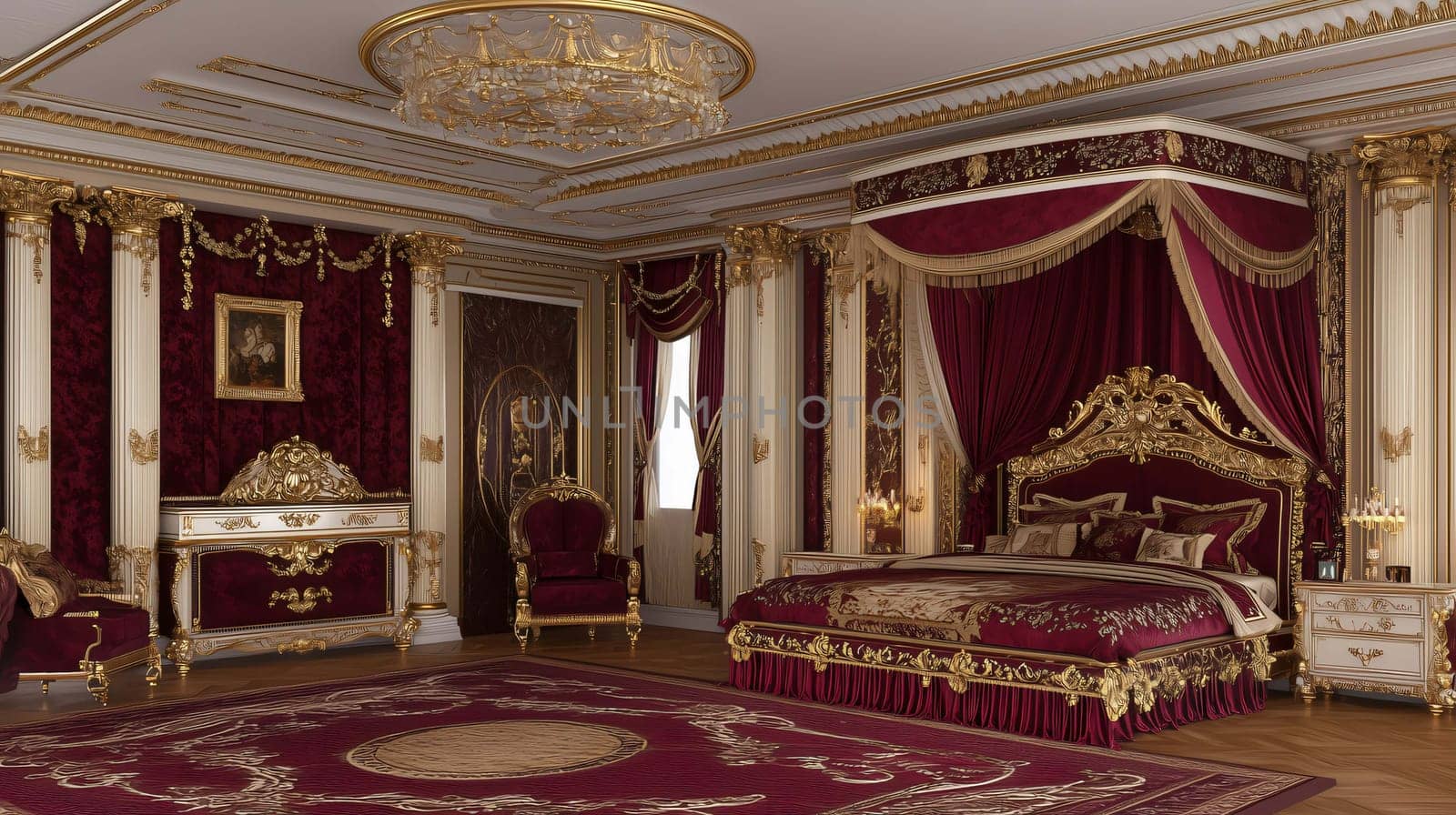 Luxurious bedroom with a classic interior design featuring a golden bed, red curtains, and ornate furniture