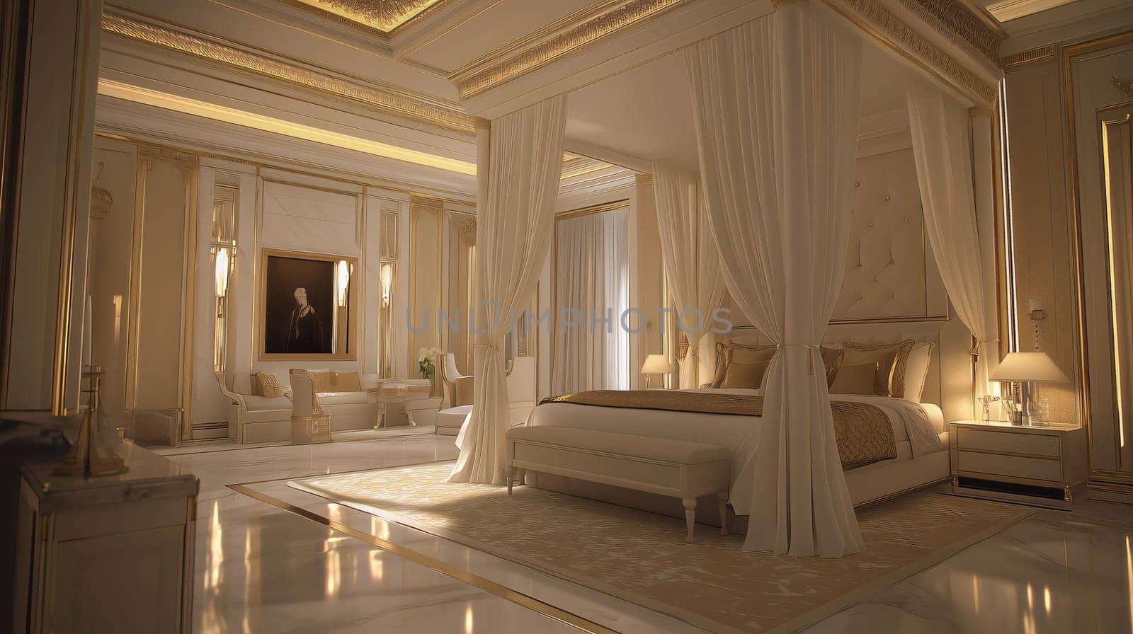 Luxurious master bedroom featuring a canopy bed and a sitting area bathed in warm light