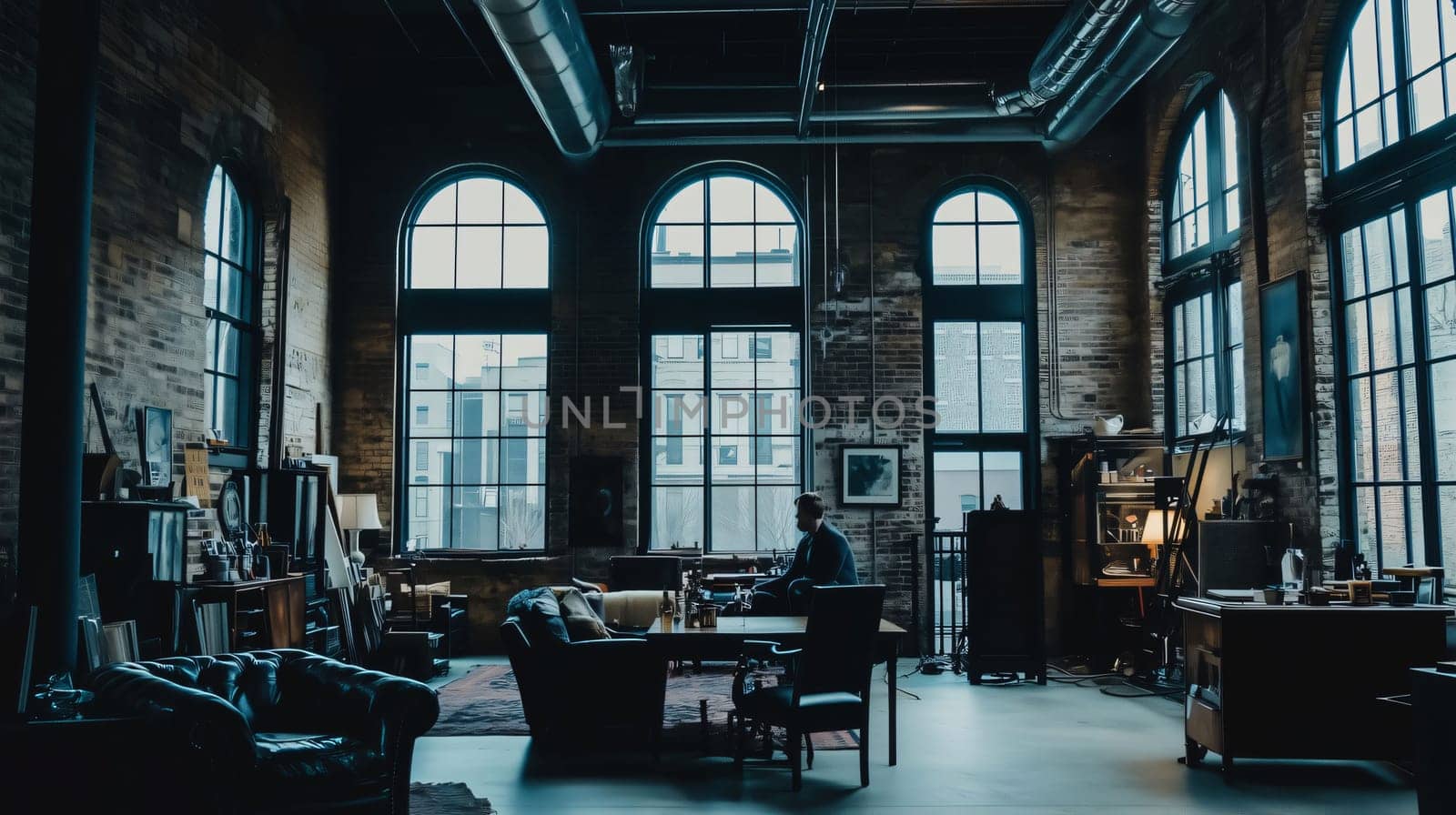 Businessman working remotely sitting at table in open concept industrial style office, loft-style