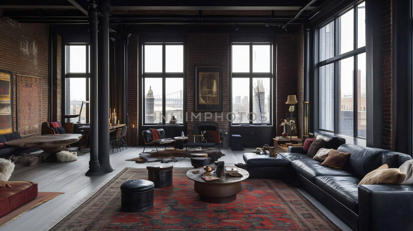 Modern open plan industrial living room with large windows overlooking the city skyline
