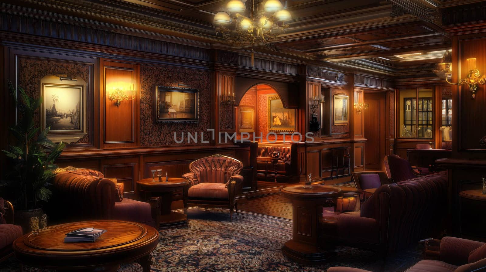 Empty Victorian luxurious hotel lobby waiting area with wood paneling and dim lighting