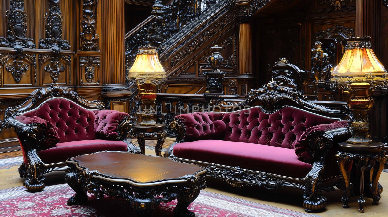 Luxurious Victorian vintage furniture is standing in a rich classic house interior with wooden walls decorated with carvings and a wooden staircase