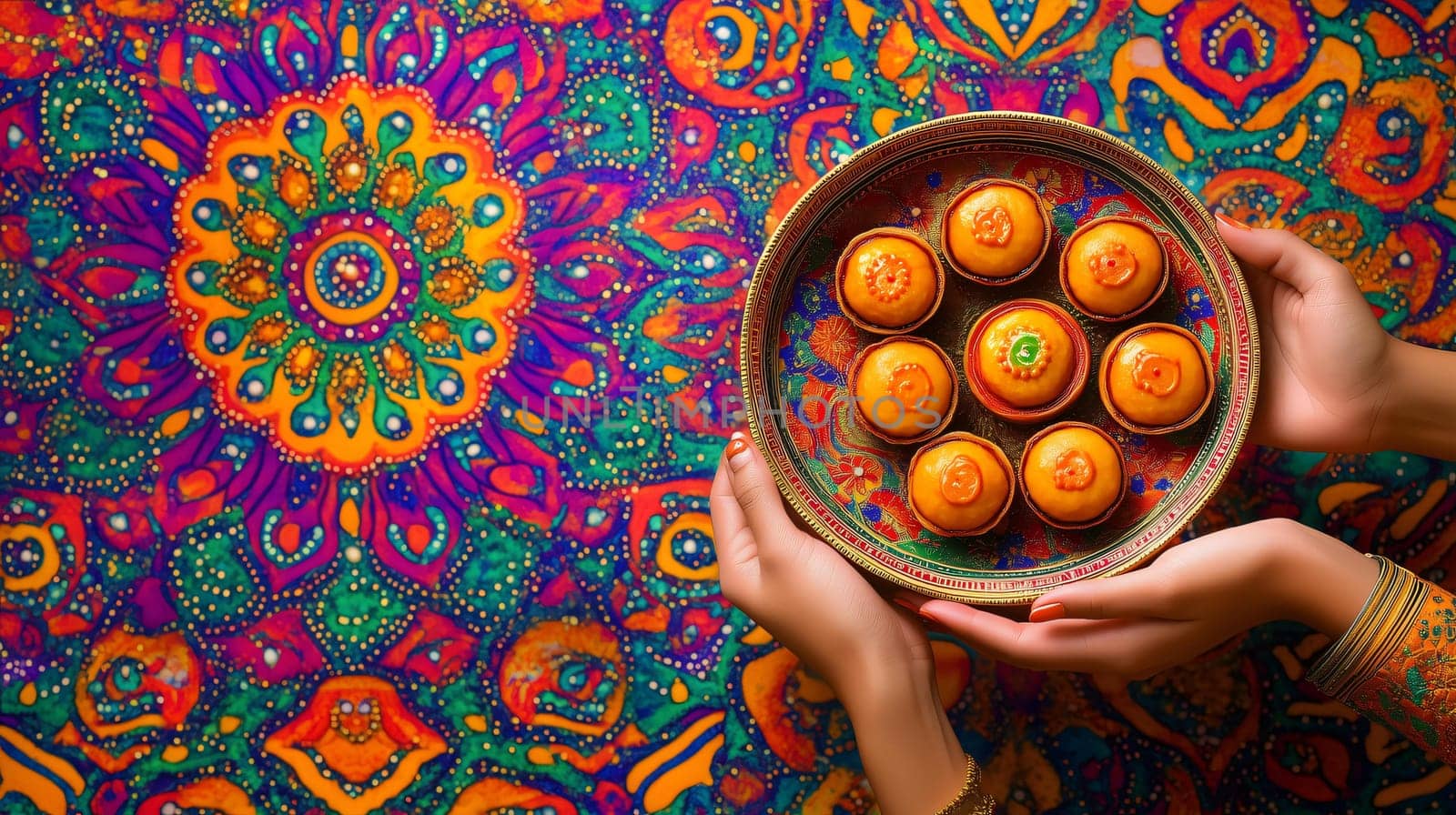 Woman holding a tray of delicious diwali sweets on a colorful background