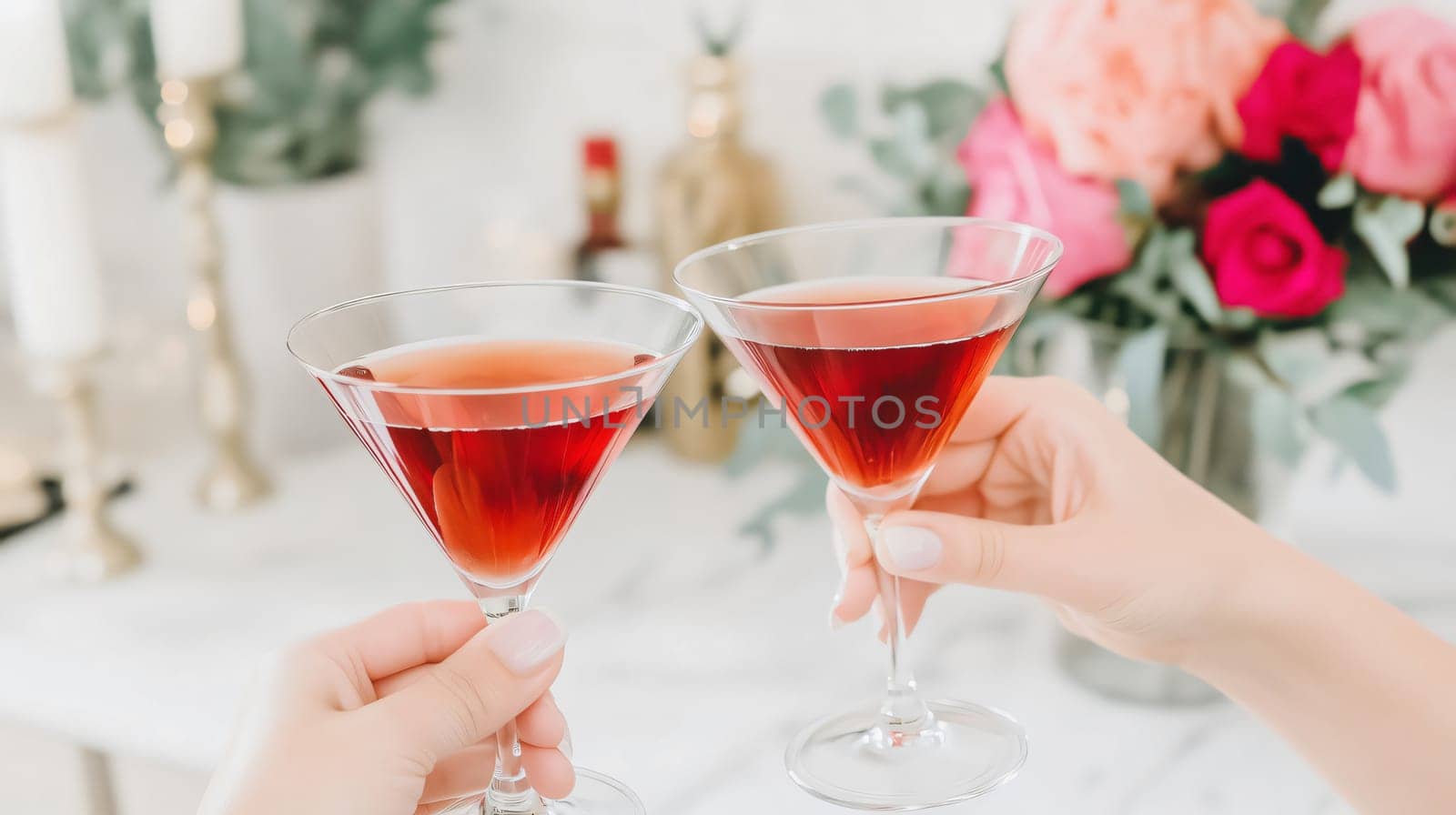 Two women are holding cocktails in a toast, celebrating at home with pink flowers in the background