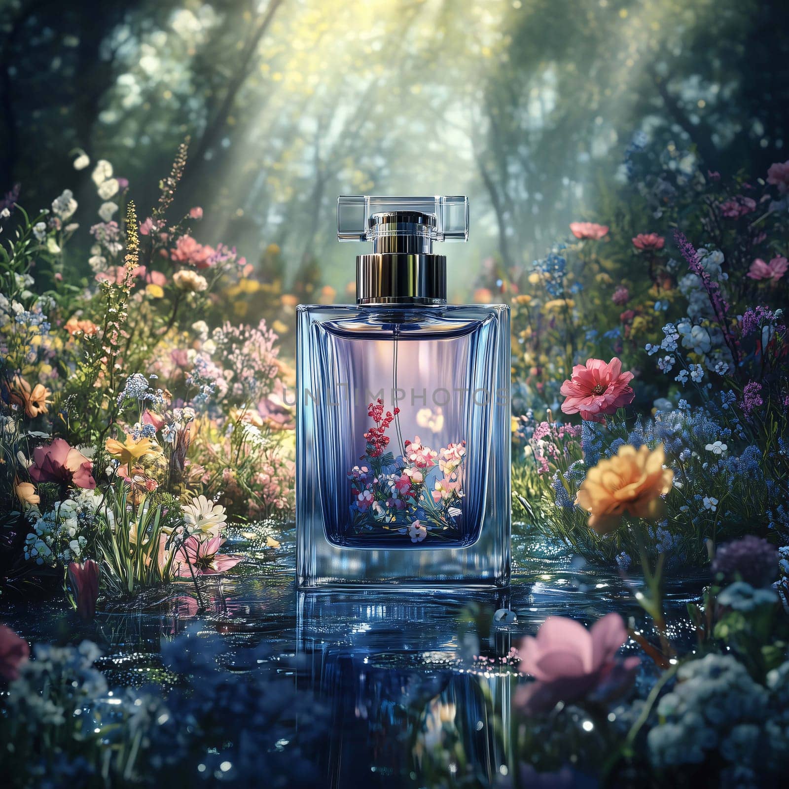 Blue perfume bottle with transparent cap standing on water surface in magical forest surrounded by flowers