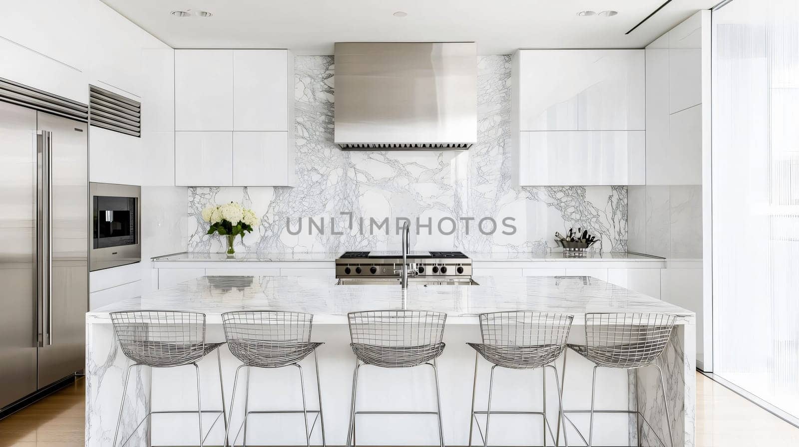 White modern minimalist kitchen featuring marble island and backsplash