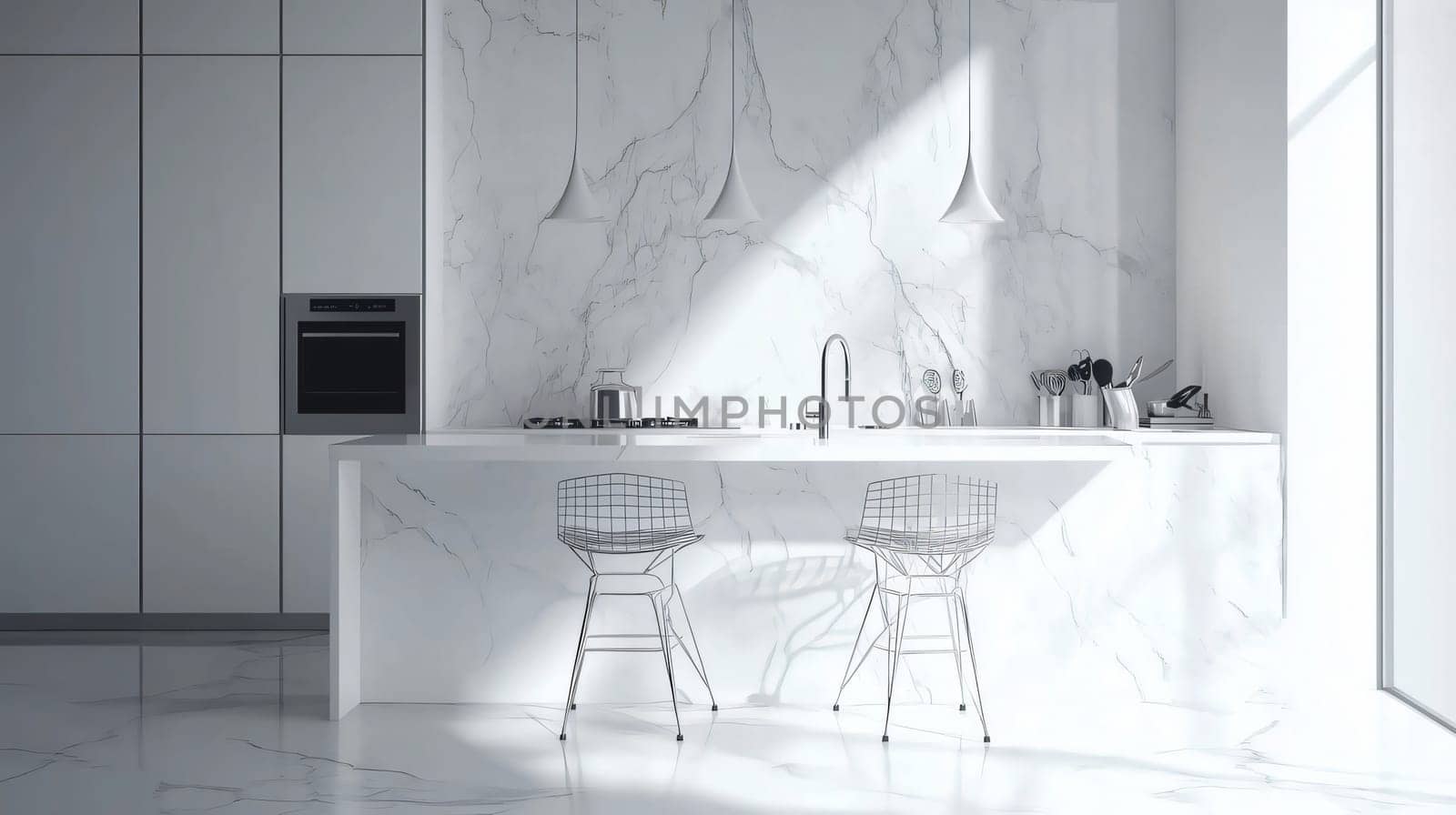 Interior of a modern minimalist white kitchen featuring a marble backsplash and sunlight shining through the window