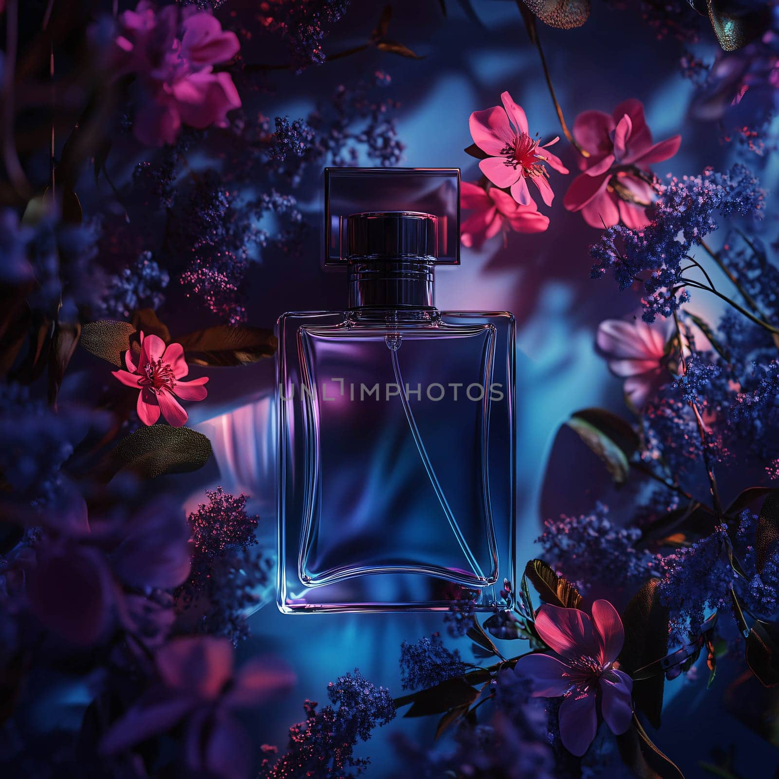 Luxurious perfume bottle is presented, nestled amongst a vibrant array of spring flowers, illuminated by dramatic lighting