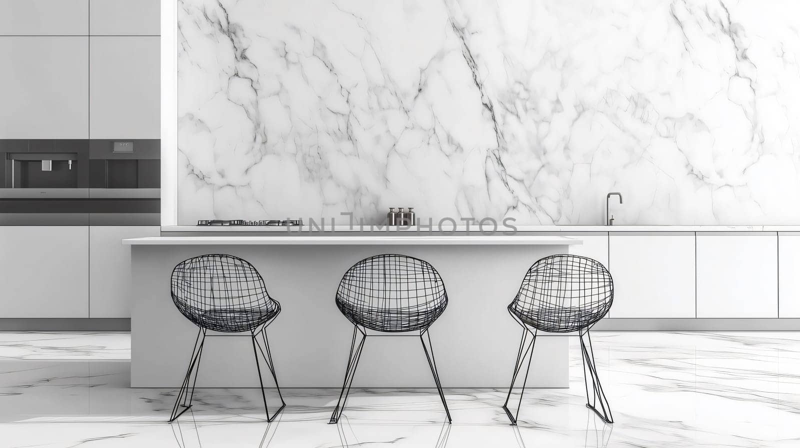 Modern kitchen featuring a marble backsplash and floor, white cabinets, and a breakfast bar with three black chairs