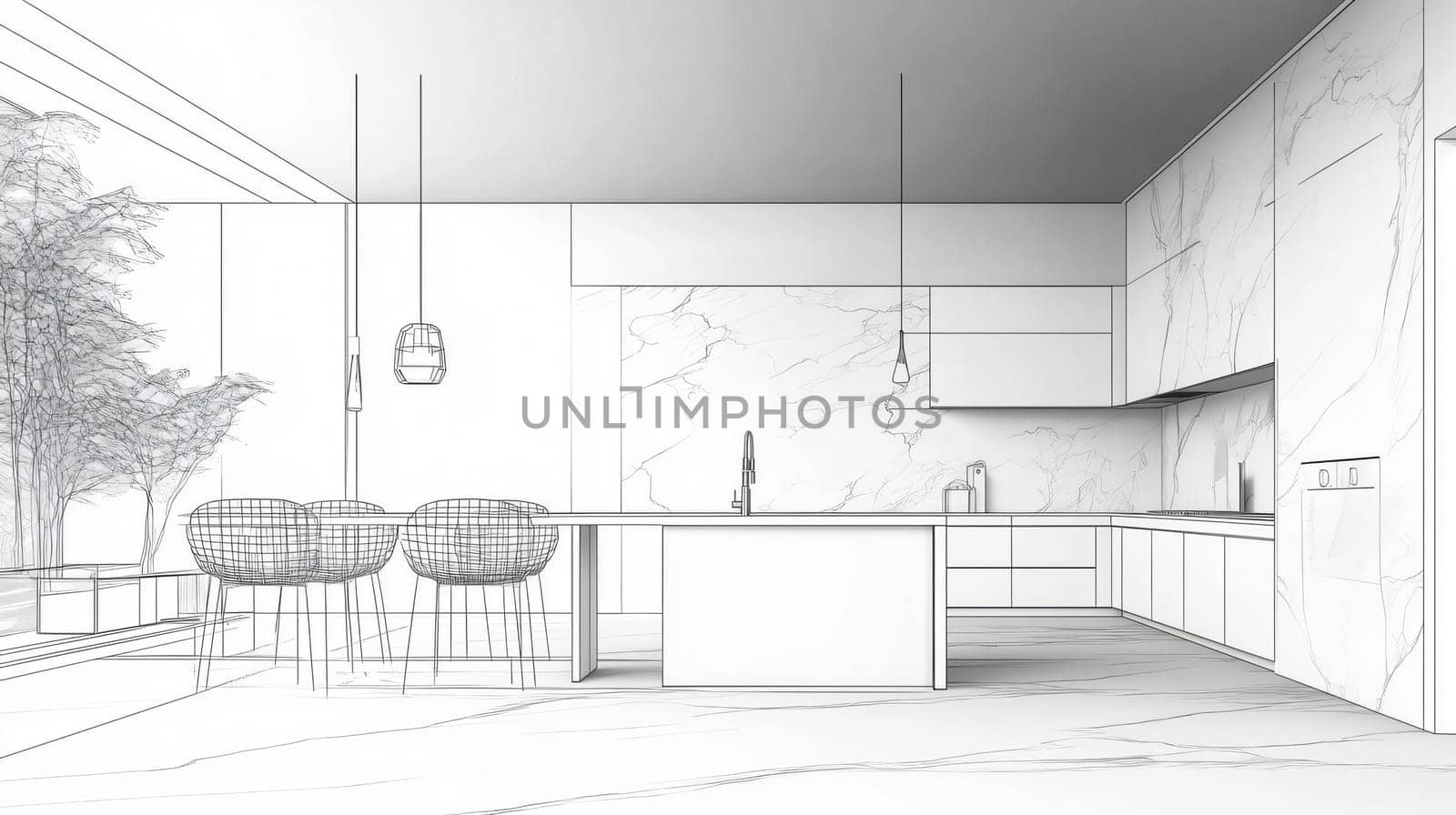 Blueprint project draft, sketch of minimalist white kitchen, interior design concept idea