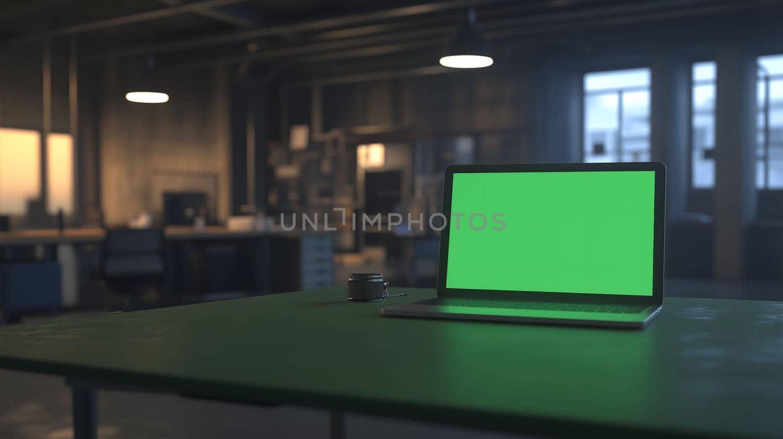Modern laptop computer showing green chroma key screen standing on desk in dark empty company office late in the evening