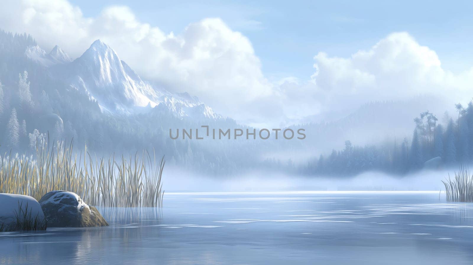 Morning sunlight shining on a peaceful lake with fog covering the water and snow capped mountains in the background