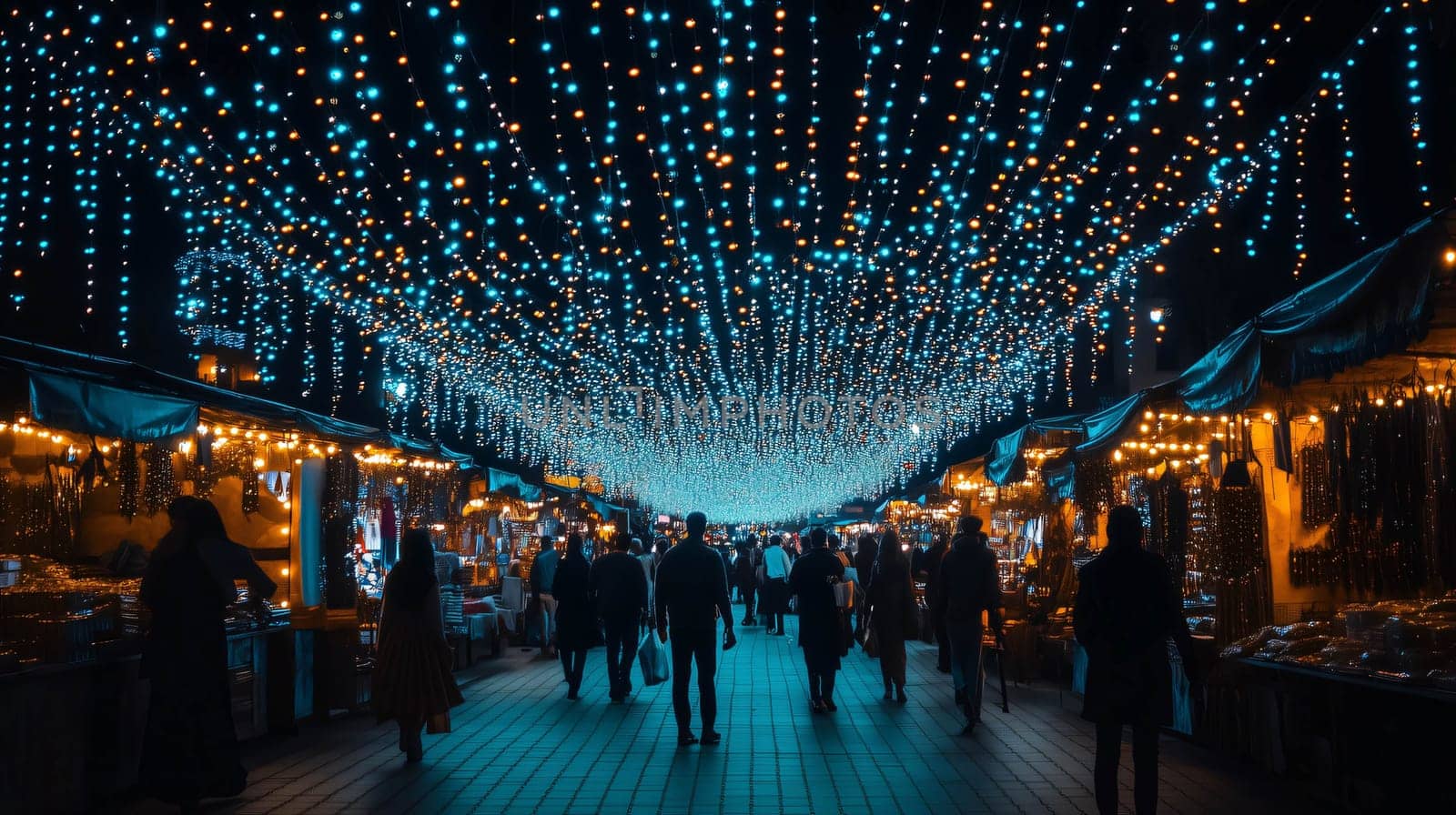 People walking under blue and orange string lights during night time