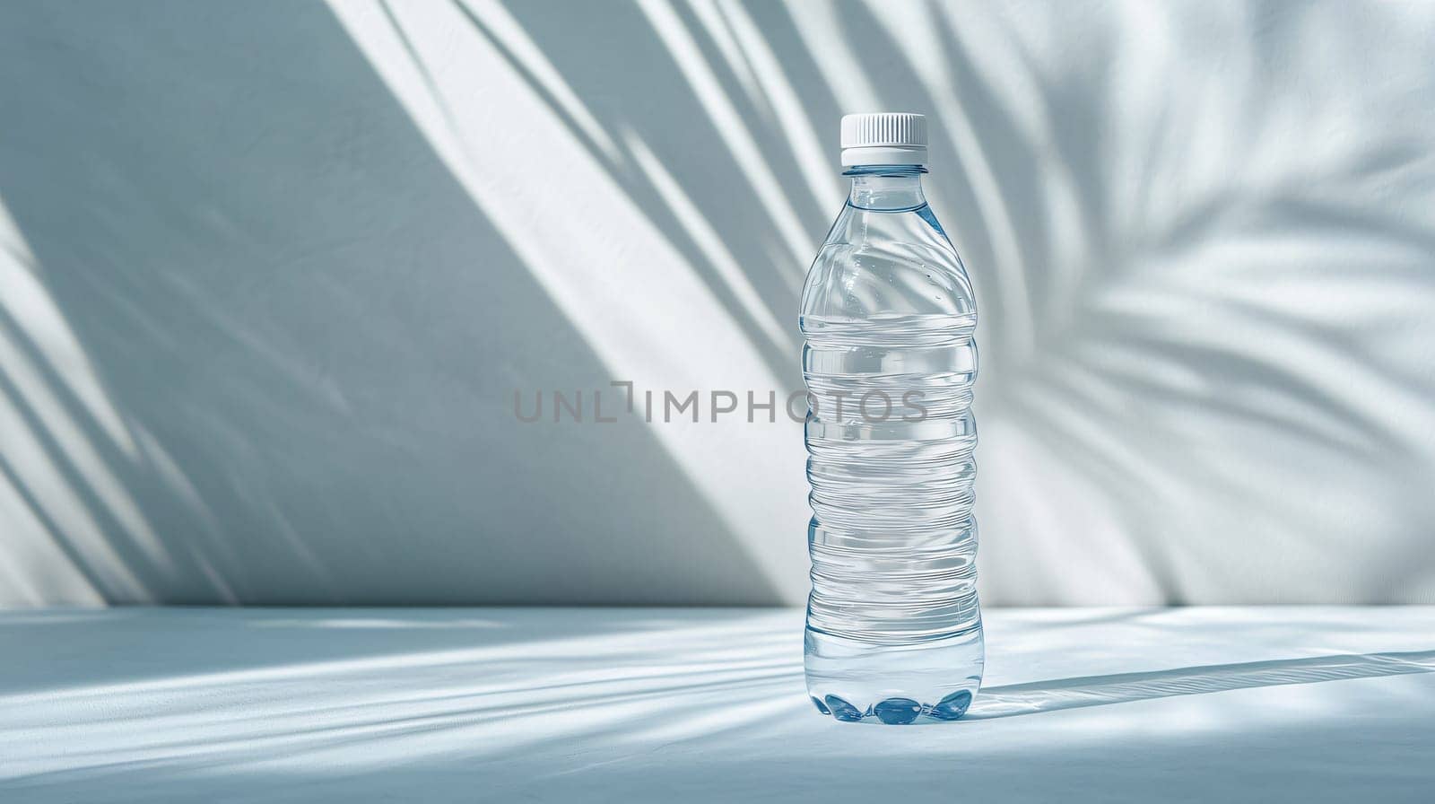 Transparent plastic water bottle standing on a white surface with leaf shadows, perfect for showcasing your brand or design