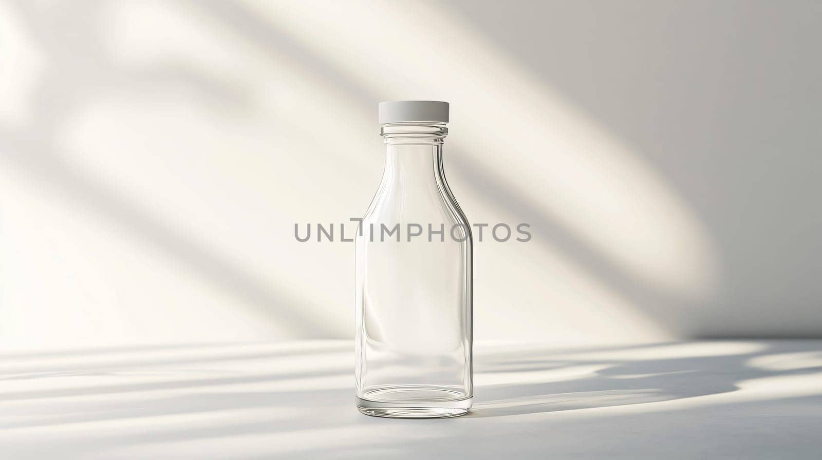 Empty glass bottle with white cap is standing on a white surface with window shadows