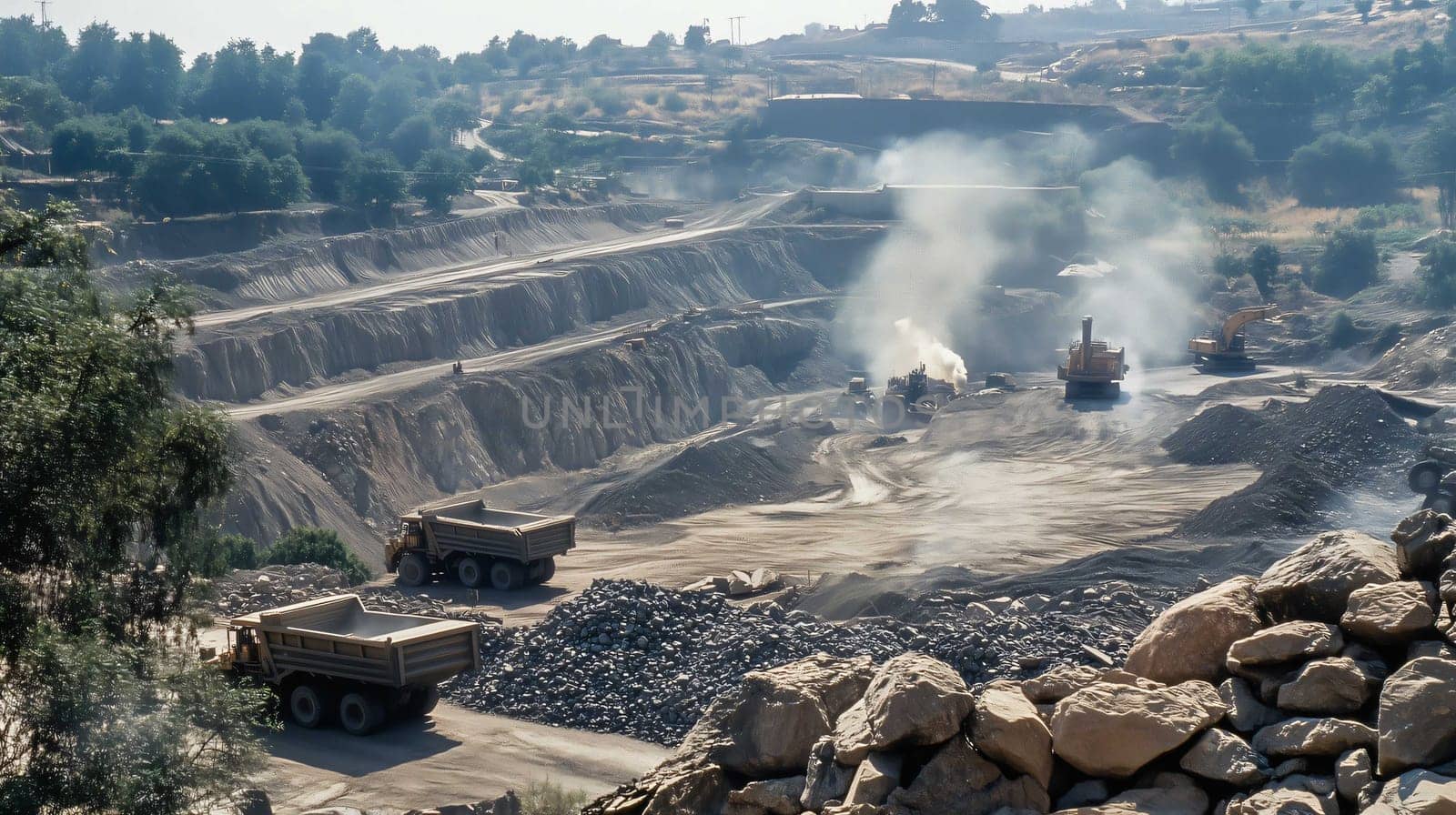 Dump trucks waiting to be loaded by excavators in an open pit mine on a sunny day
