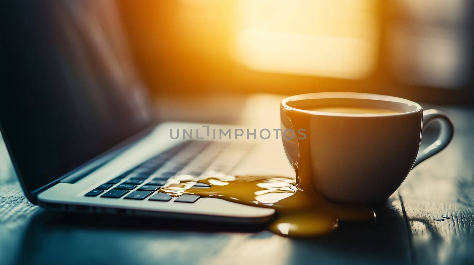 Coffee cup spilling over laptop keyboard on desk in home office symbolizing workplace accident, damage, insurance and clumsiness