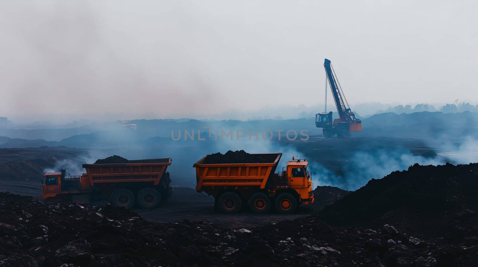 Dump trucks transporting coal on a foggy day at a coal mine