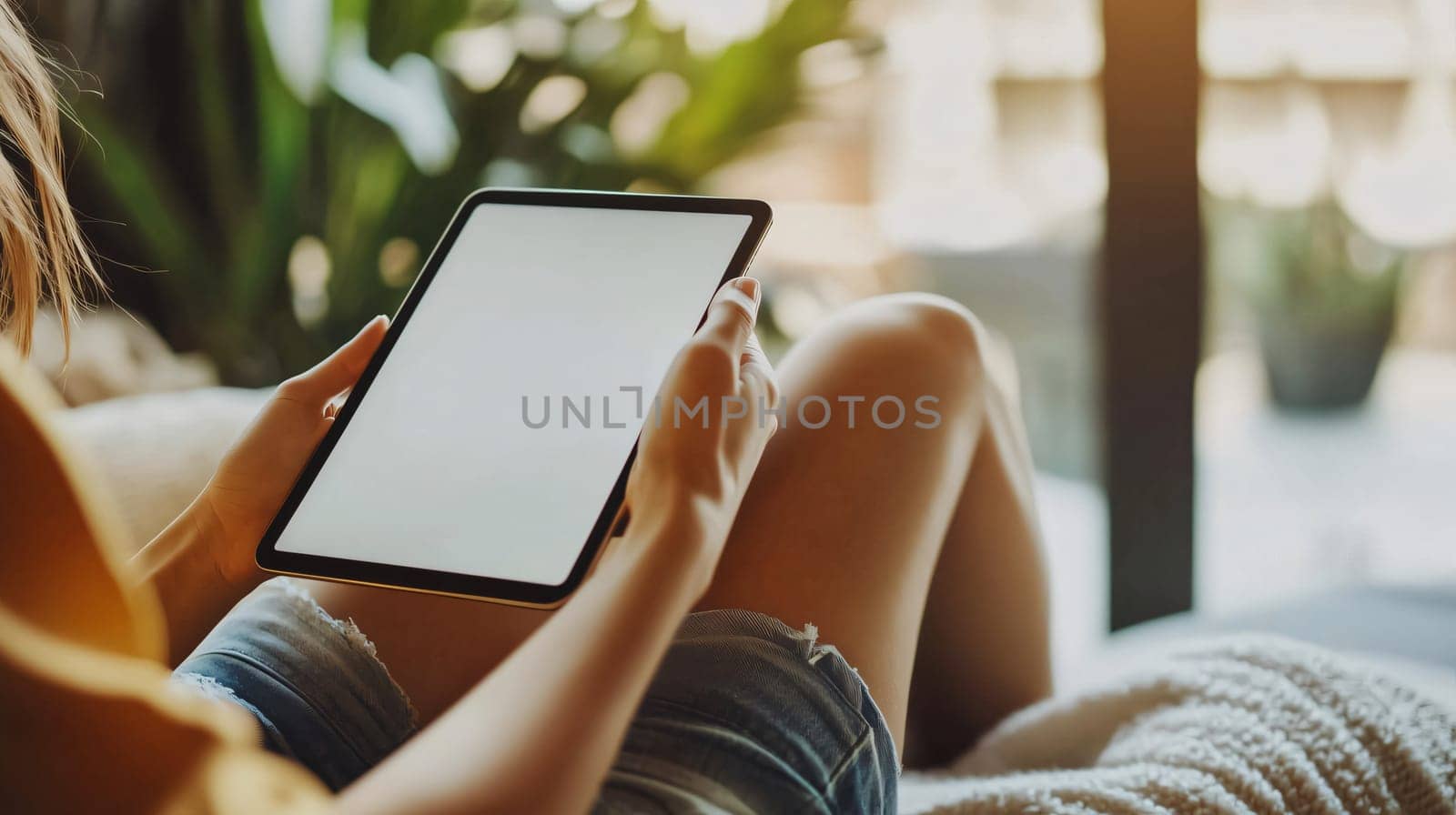 Woman is lying on a comfortable sofa holding a tablet with a blank screen, perfect for your mockup