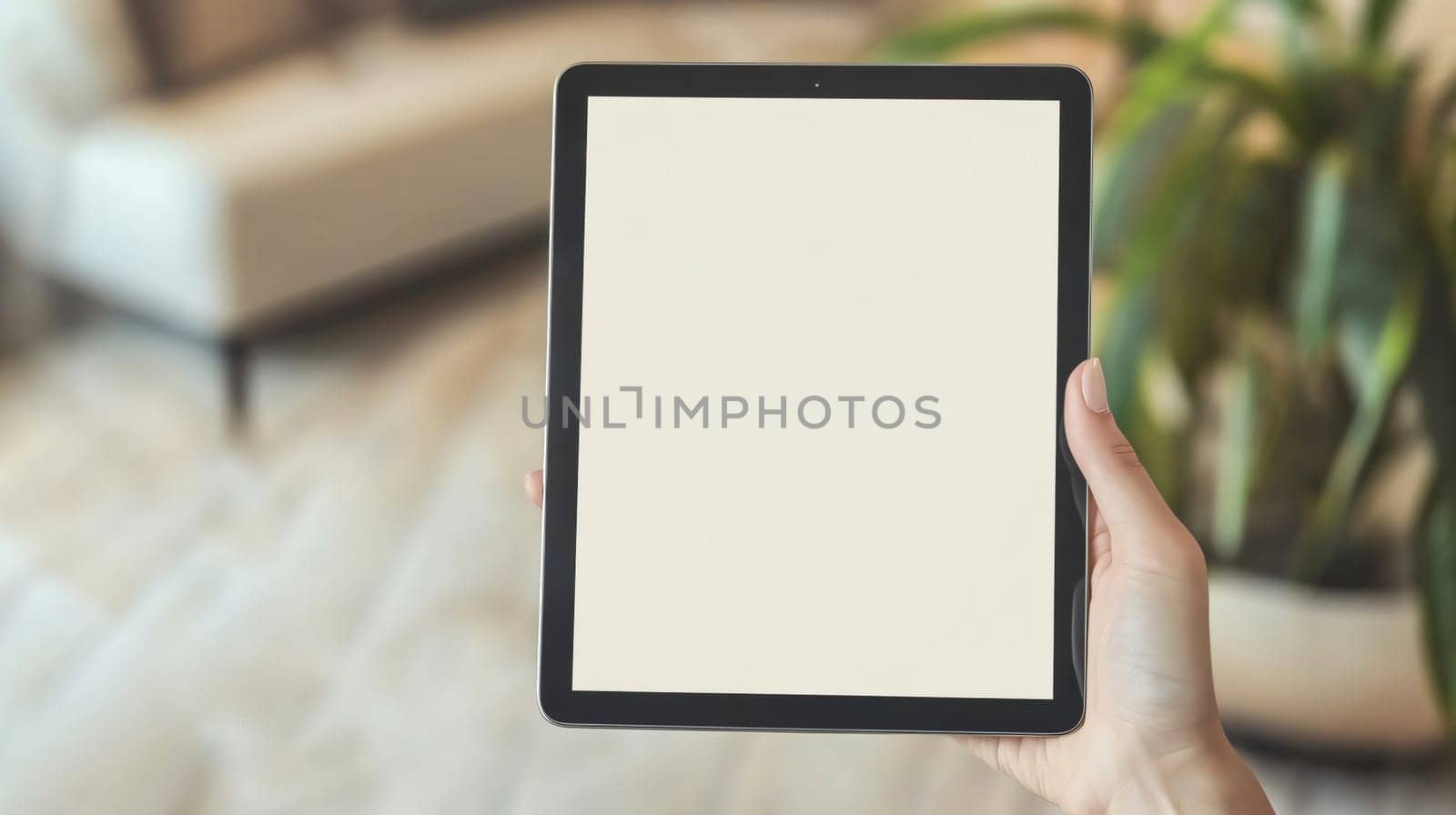 Woman is holding a tablet with a blank screen in a living room, perfect for your mockup
