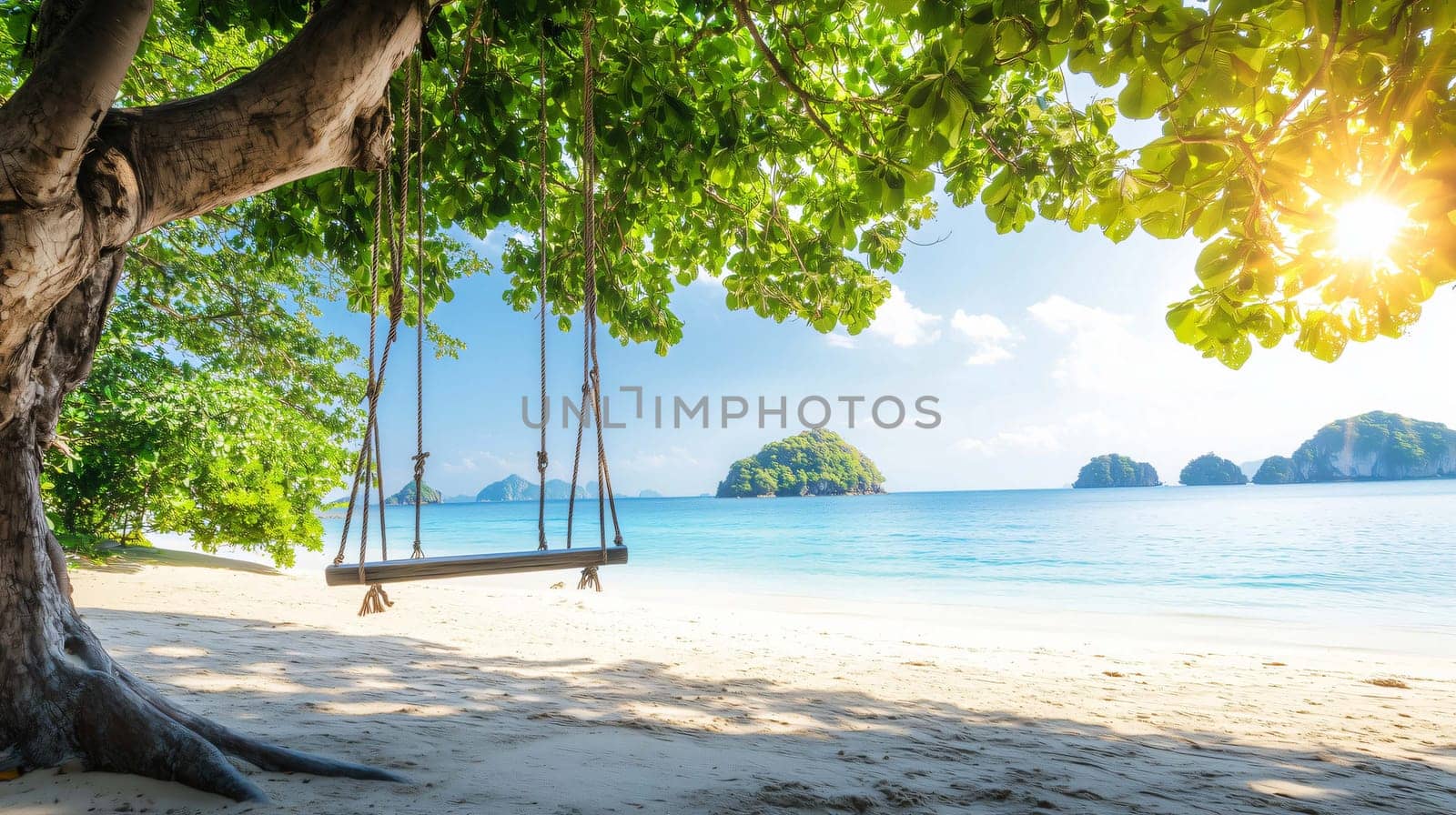 Wooden swing hanging from a tree on a tropical beach with islands in the distance at sunset