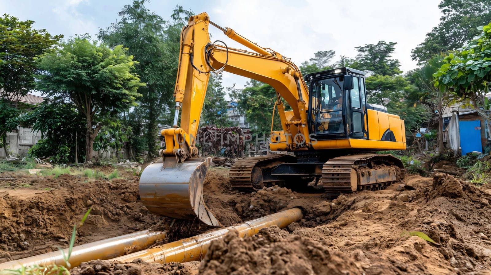 Excavator is working on a construction site, digging a trench to install large yellow water pipes