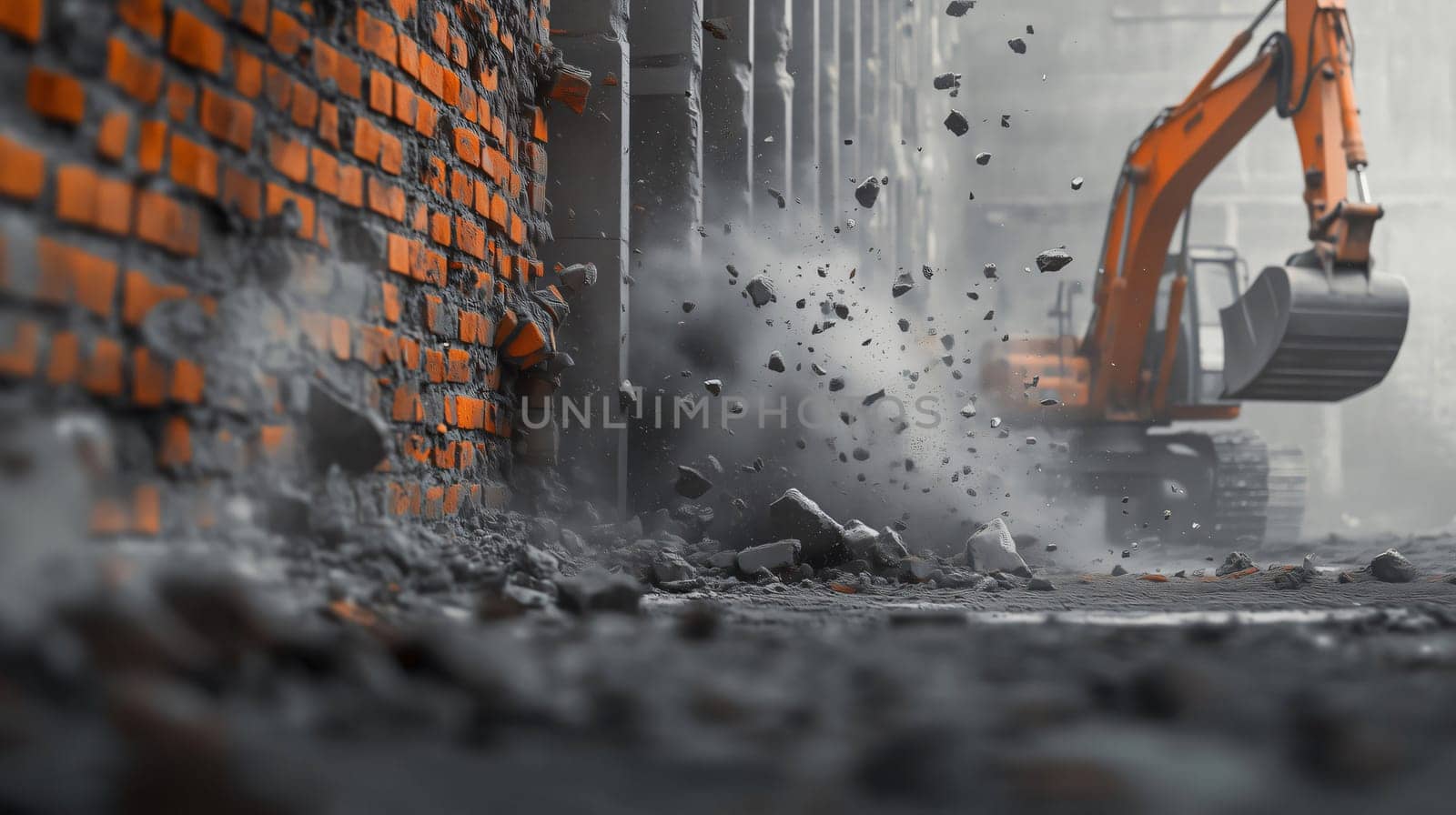 Excavator is demolishing a brick wall, creating a cloud of dust and debris