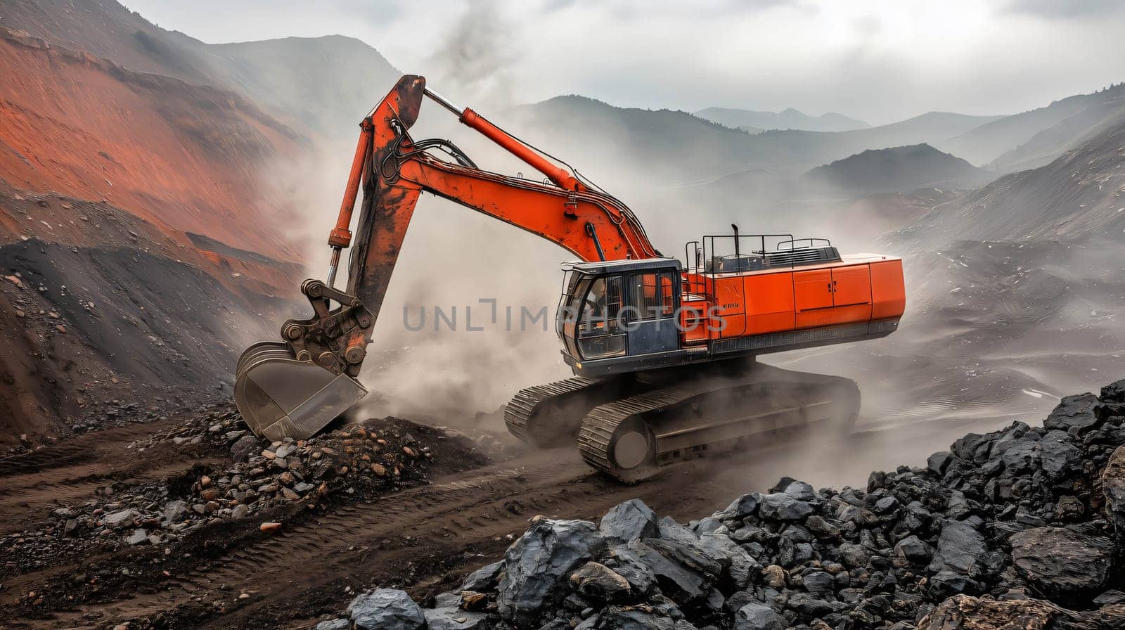 Powerful orange excavator moving rocks in an open pit mine in a mountainous environment