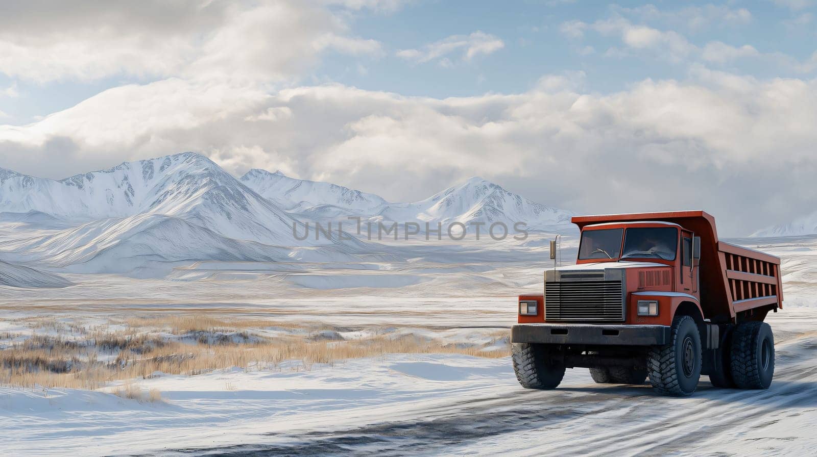 Red mining dump truck is driving on a snowy road with snow capped mountains in the background