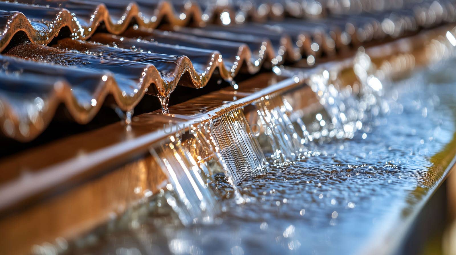 Rain water flowing down a brown roof and falling into a gutter, creating a cascade of water drops