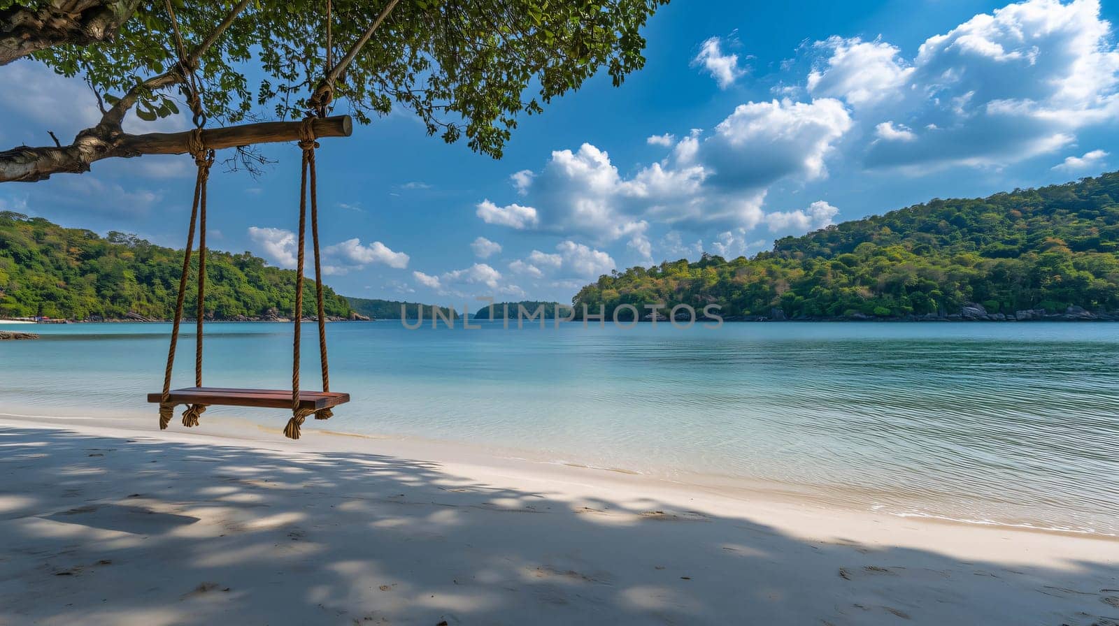 Wooden swing is hanging from a tree on a secluded beach with turquoise water and lush green islands in the distance