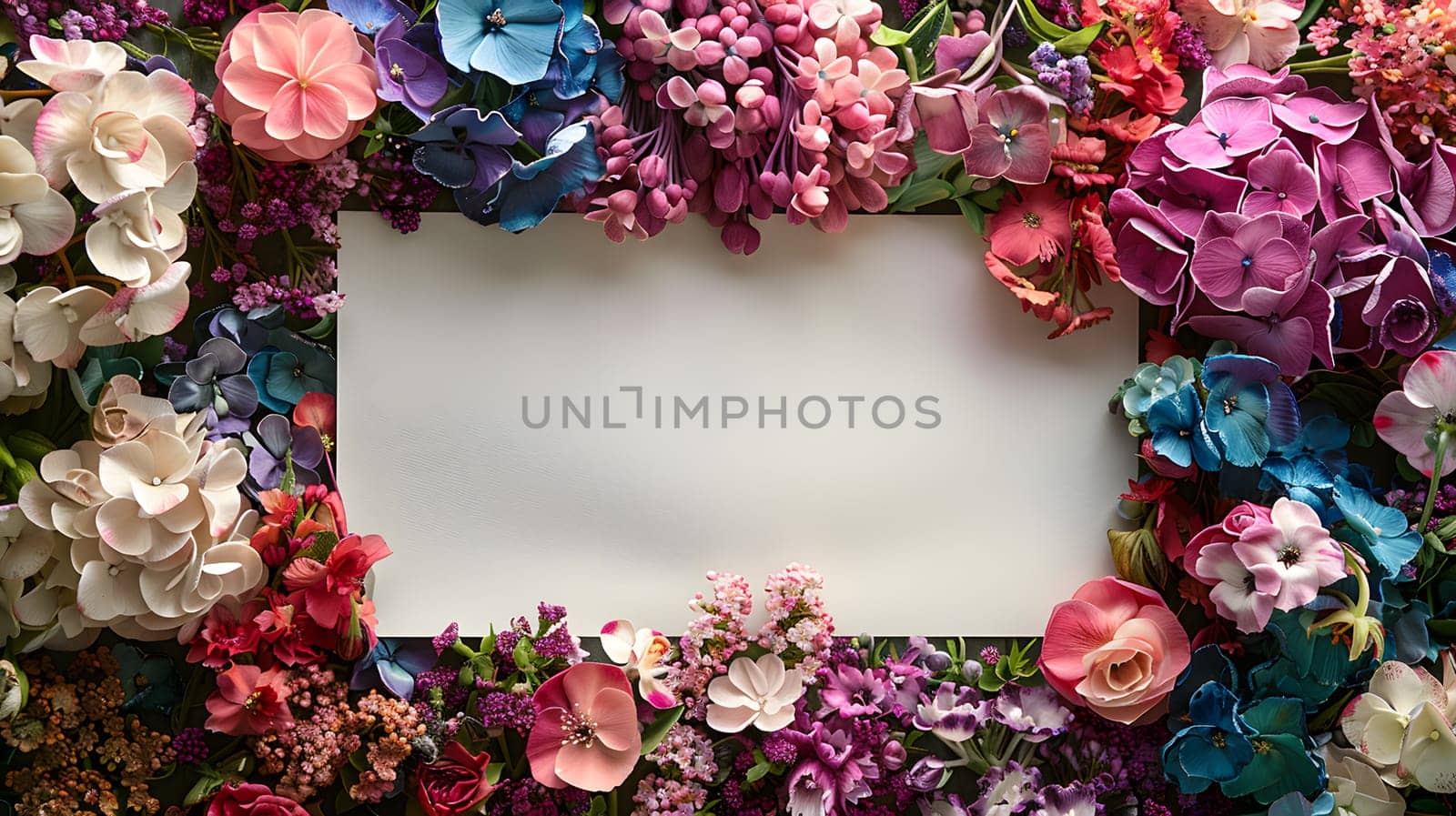 A white plant card is adorned with a vibrant display of colorful flowers in shades of pink, violet, and magenta. This creative arts arrangement adds beauty to any event decoration